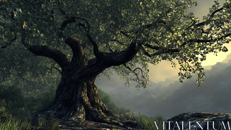 Low-angle render of gnarled tree under volumetric sunrise light