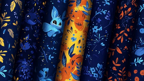 Digital floral character textile rolls with nocturne palette.