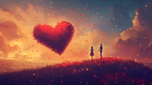 Silhouetted Couple Beneath Radiant Heart Formation in Golden Sunset Sky.