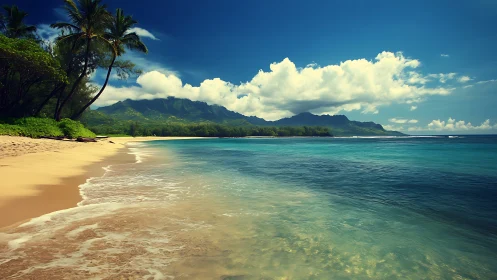 Tropical Beach with Mountain Vista and Palm Trees.