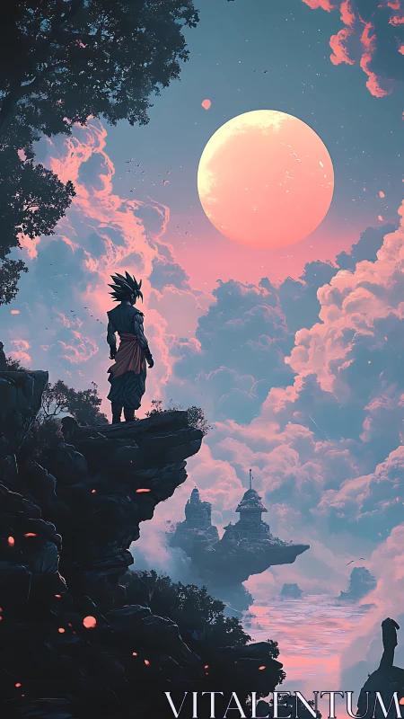 Warrior on cliff under oversized moon in pastel sky.