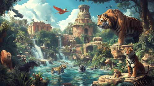 Constructed Fantasy Landscape with Architectural Structures and Wildlife.