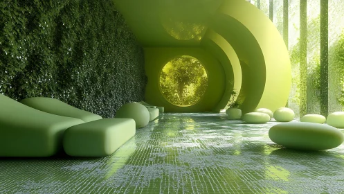 Futuristic Green Interior with Organic Sculptural Forms