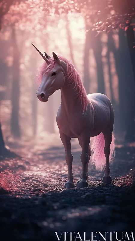 Gentle unicorn glows softly in a pink enchanted forest path