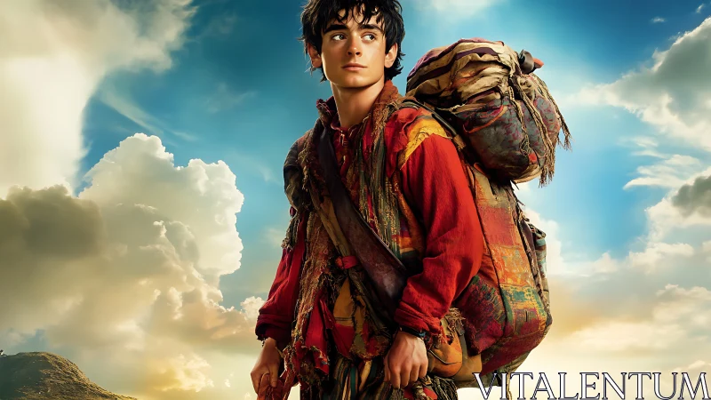 Young traveler carries overloaded pack under bright sky