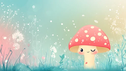 Cute winking mushroom character in pastel fantasy meadow.