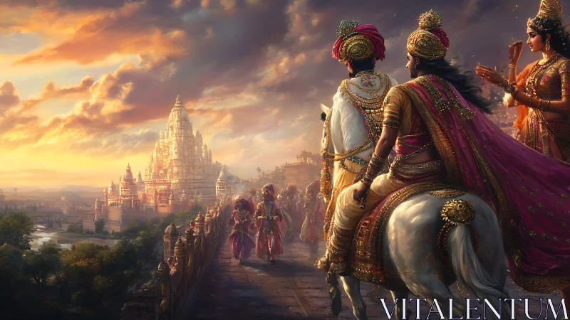 Sunlit royal procession crossing to the gilded temple city.