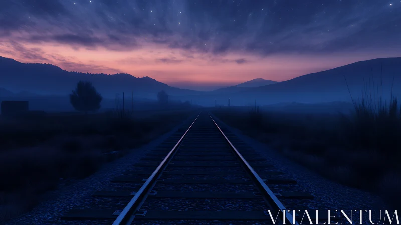 Railway line cutting through misty valley at dusk.