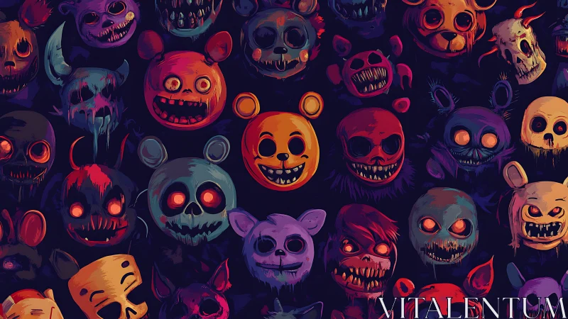 Grotesque animatronic skull grid in neon horror palette.