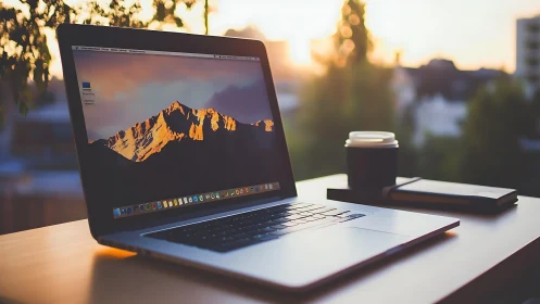 Sunlit laptop sanctuary with coffee and calm horizon glow.