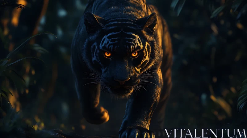 Midnight tiger strides forward with bold, glowing eyes