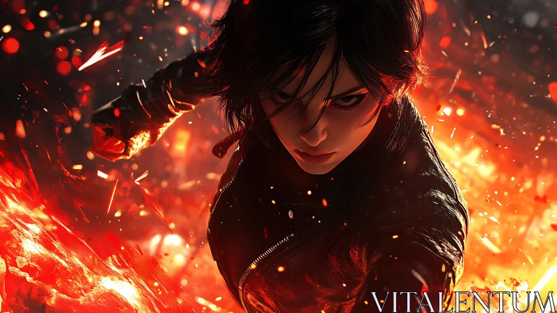 Firelit warrior hurtles forward through a storm of sparks