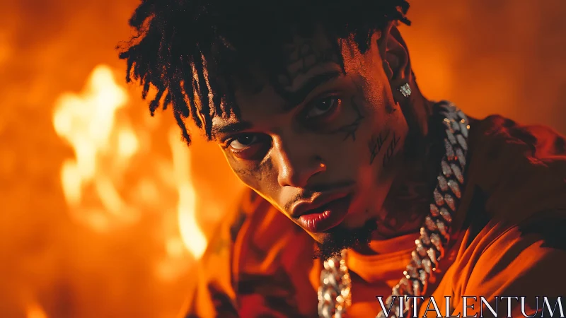 Tattooed man stares into lens before flames in warm light