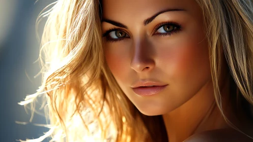 Close-up portrait shows digitally rendered blonde woman face