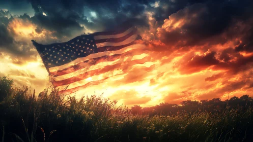 American flag burns through storm sky with blazing sunset light.