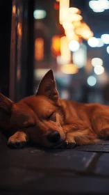 Sleepy street pup resting beneath soft city lights.