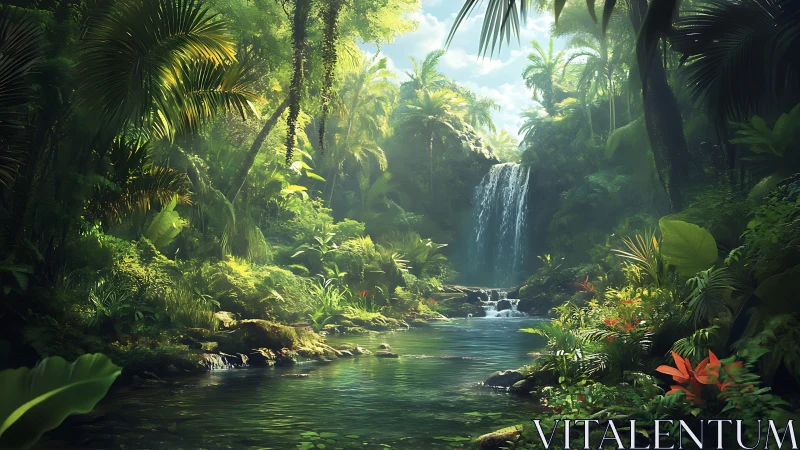 Tropical waterfall sanctuary surrounded by lush jungle canopy.