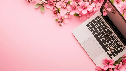 Aluminum laptop with pink blossoms on pastel background forms diagonal layout