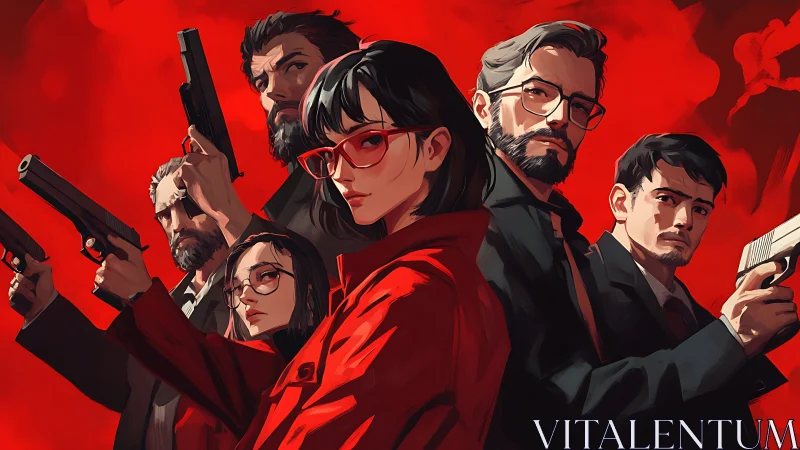 Armed ensemble of suited operatives in stylized red noir illustration