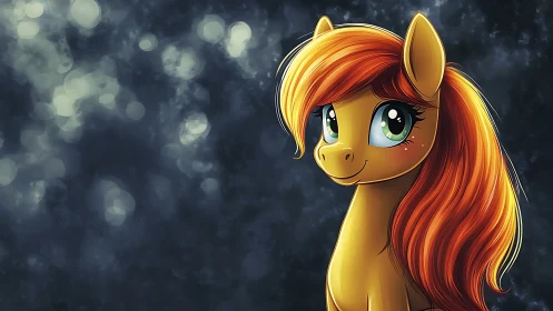 Golden pony with sunset mane against dreamy night lights.