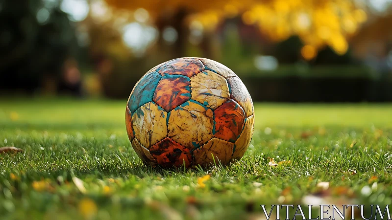 Weathered multicolor soccer ball on grass in soft focus park.
