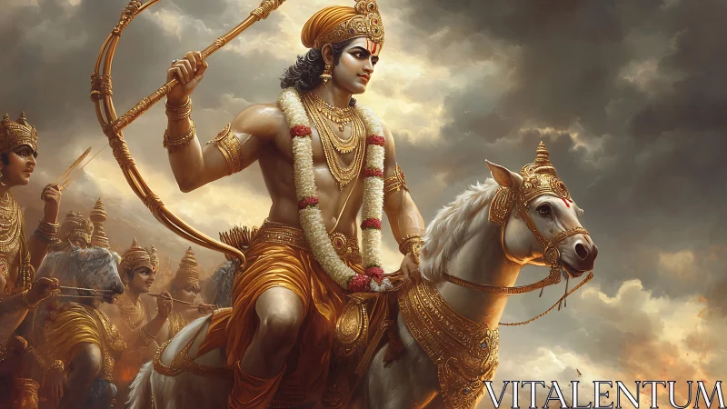 Warrior leader on armored horse before stormy battlefield.