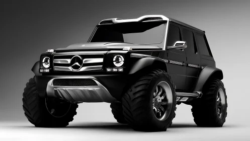 Monochrome off‑road SUV render with exaggerated tire geometry.