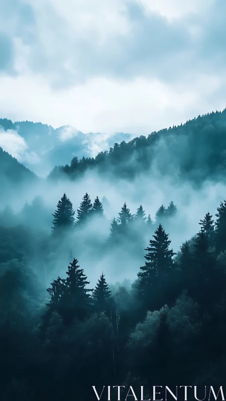 Misty Mountain Forest Landscape Enveloped in Atmospheric Fog.