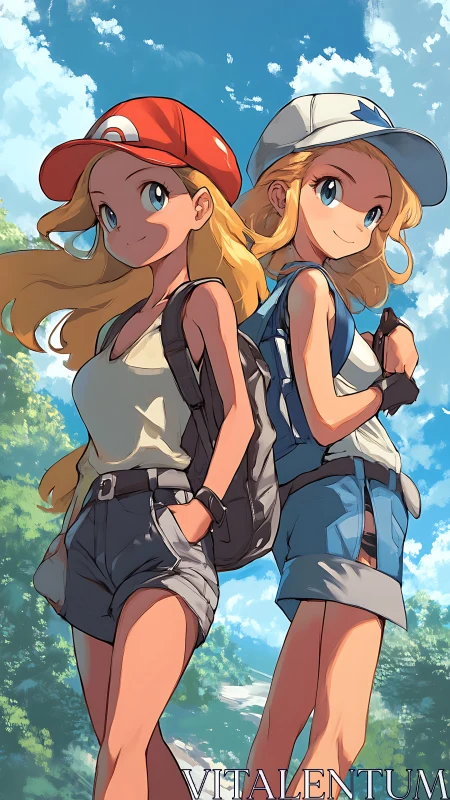 Two blonde anime hikers stand outdoors in bright daylight