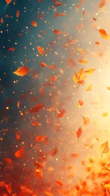 Luminous autumn leaves scatter through atmospheric gradient with particle effects.