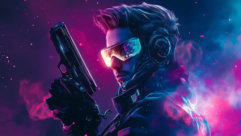 Neon-lit cybernetic operative aims pistol in chromatic vapor