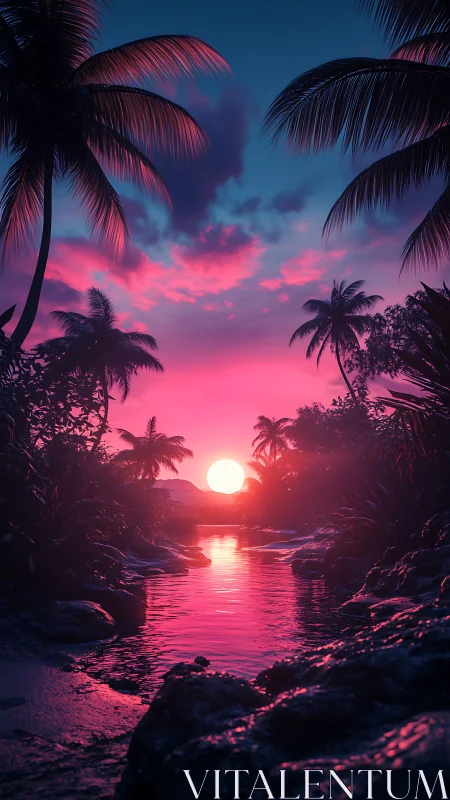 Dreamy neon lagoon sunset framed by whispering palms.