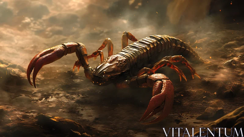 Armored scorpion rendered in cinematic backlit desert haze