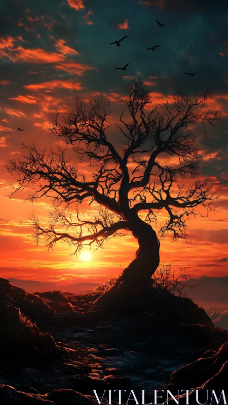 Twisted lone tree silhouetted by blazing crimson sunset sky.