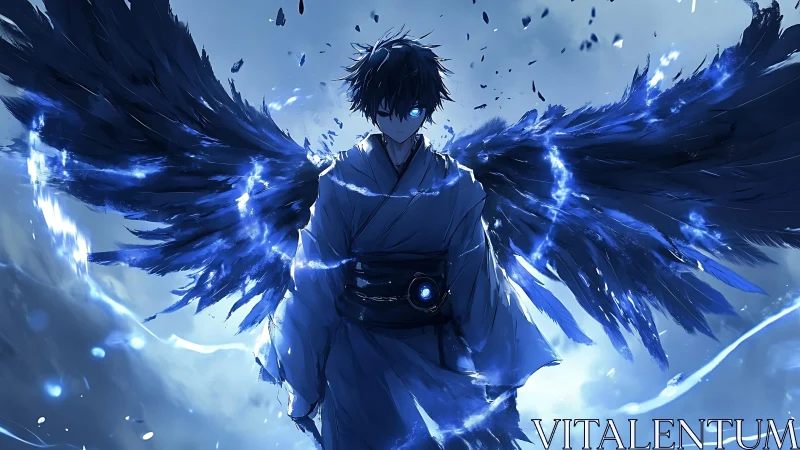 Dark winged anime figure with blue glowing energy aura.