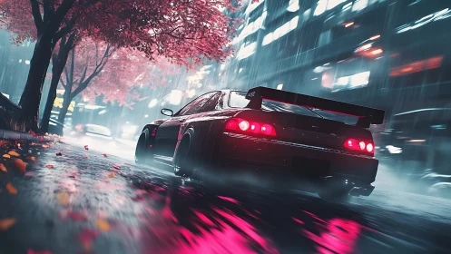 Sporty night drive under neon rain and glowing pink trees.