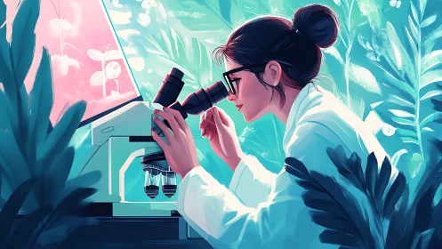 Botanical lab researcher studying samples under microscope.