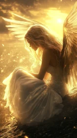 Sunset-winged angel resting in a storm of molten light.