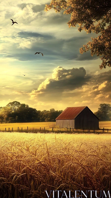 Golden wheat barn under dramatic sunset sky glow.