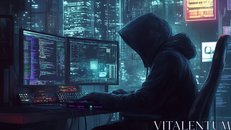 Hooded hacker codes in neon cyberpunk city at night.