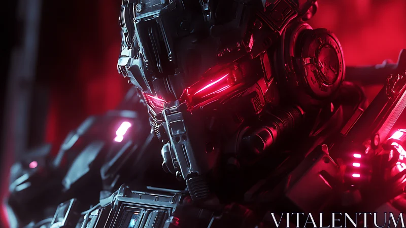 Cybernetic combat exosuit with red neon visor illumination
