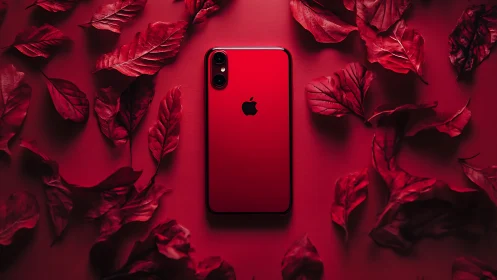 Crimson smartphone nestles among velvety autumn leaves.