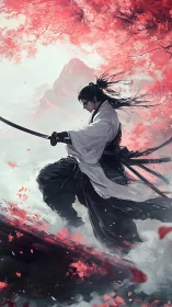 Crimson Petal Ronin poised in swirling mountain mist.