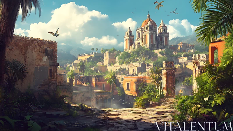 Sunlit hilltop basilica above lush tropical ruins.