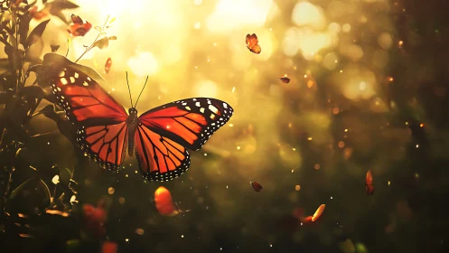 Backlit monarch butterfly swarm in shallow depth-of-field glow.