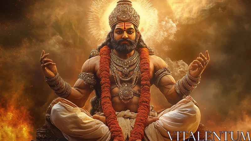 Divine warrior sage meditating amid fiery celestial glow.