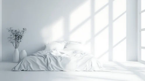 Sunlit white minimalist bedroom interior with soft bedding