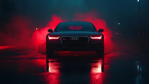 Low-angle frontal Audi sedan in neon red cinematic backlight