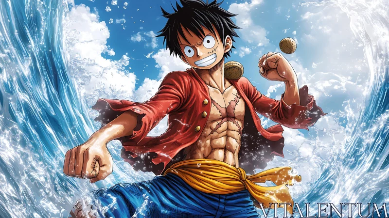 Joyful sea adventurer punching through crashing waves.