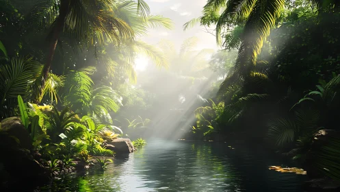 Sunlit tropical river cuts through dense jungle vegetation